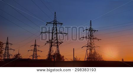 Electricity Pylon And Lines At Suncet In The Evening, Banner