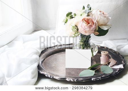 Spring, Summer Still Life Scene.blank Place Card Mockup On Old Silver Tray At Windowsill. Vintage We