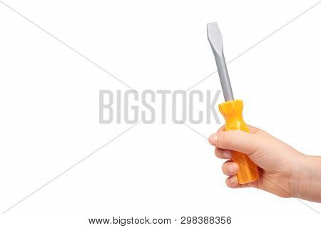 Kids Hand With Yellow Toy Screwdriver, Repair Tool