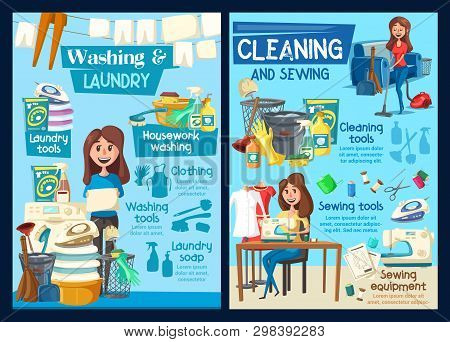 Home Laundry Washing, House Cleaning And Needlework Service. Vector Professional Housekeeping, Floor