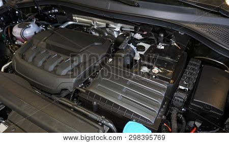 Technical photo. The internal combustion engine of a modern car. Structure and appearance. Intake ma