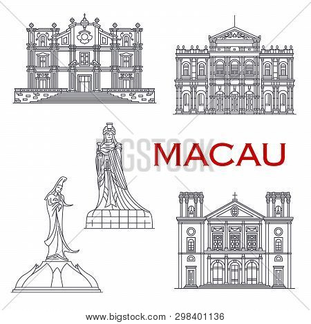 Macau Architecture Line Facade Icons, Famous Religious Historic Landmark Buildings. Vector St Joseph
