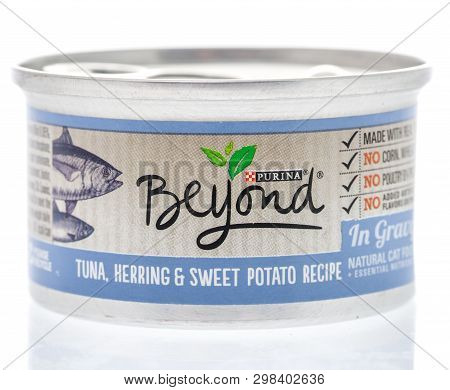 Winneconne, Wi -  26 April 2019: A Can Of Purina Beyond Cat Food On An Isolated Background