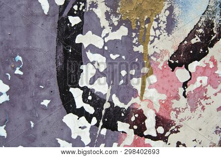 Cracked And Peeling Colorful Paint, Grunge Old Wall Texture. Tempalte For Design. Copy Space.