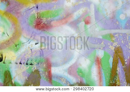 Cracked And Peeling Colorful Paint, Grunge Old Wall Texture. Tempalte For Design. Copy Space.