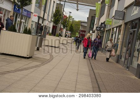Corby, Uk - 28,04,2019 - Outdoor Street, Shopping Centre. People Makind Shopping In Uk Copy Space