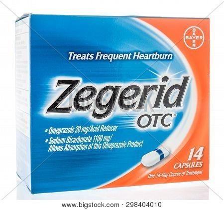 Winneconne, Wi -  26 April 2019: A Package Of Zegerid Otc Medicine For Heartburn On An Isolated Back