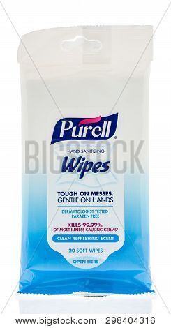 Winneconne, Wi -  26 April 2019: A Package Of Purell Hand Sanitizing Wet Wipes On An Isolated Backgr