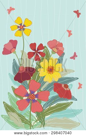 Bright Multicolor Meadow Flowers And Butterflies Illustration On Subtly Striped Soft Blue Background