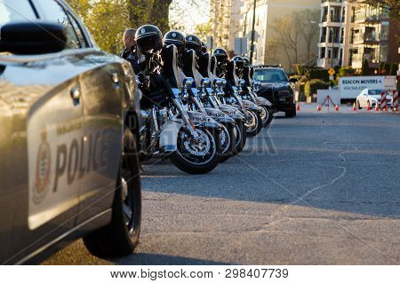 Vancouver, Bc, Canada - Apr 20, 2019: Vpd Motorcycles And Patrol Vehicles At The 420 Festival In Van