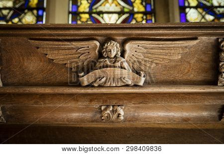 Great Givendale, Yorkshire, Uk, 25th March 2019, A Wooden Angel Carving The Saint Ethelburgas Church