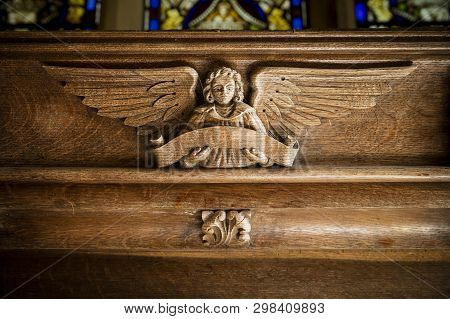 Great Givendale, Yorkshire, Uk, 25th March 2019, A Wooden Angel Carving The Saint Ethelburgas Church