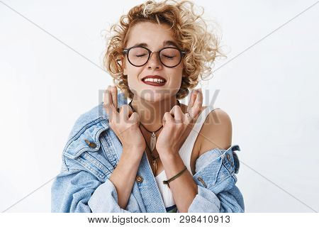 Girl Dreams About Fulfilling Dream Cross Fingers For Good Luck Bite Lower Lip As Eager For Wish Come