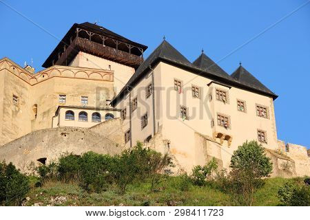 Castle In Trencin, Old Town In Slovakia In Povazie Region. Medieval Fortress On A Hill.