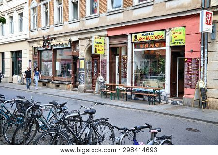 Dresden, Germany - May 10, 2018: People Visit Restaurants In Neustadt District Of Dresden. Neustadt 