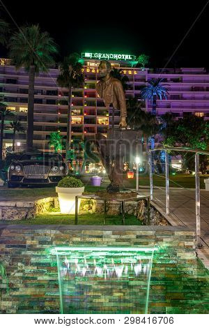 Cannes, France - July 06, 2015: Statue Of The Artist Bruno Catalano, La Croisette, Cannes. Night Vie