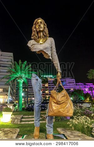 Cannes, France - July 06, 2015: Statue Of The Artist Bruno Catalano, La Croisette, Cannes. Night Vie