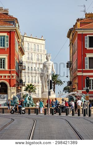 Nice, France - 16 August, 2017: The Fontaine Du Soleil On Place Massena. Nice, France