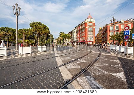 Nice, France - 16 August, 2017: Buildings And Walk Way Street At Massena Square In Nice, France