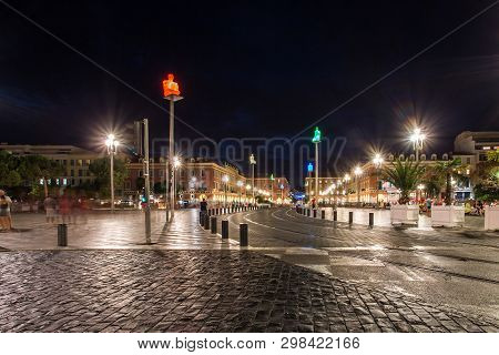Nice, France - 17 August, 2017: Buildings And Walk Way Street At Massena Square In Nice, France. Nig