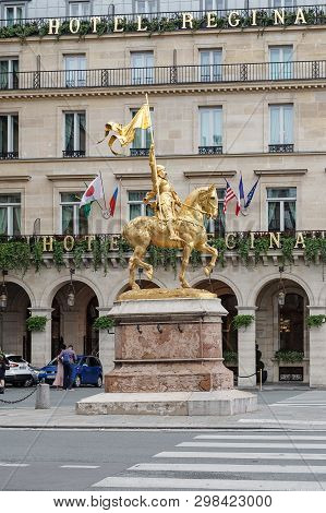 Paris, France - 08 August, 2017: A Gilded Bronze Equestrian Sculpture Of Joan Of Arc By Emmanuel Fre