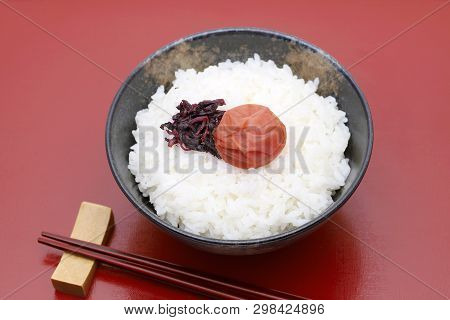 Japanes Food, Cooked White Rice With Umeboshi On White Background