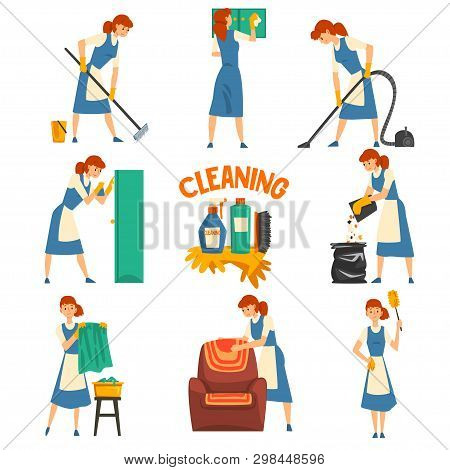 Young Woman Cleaning And Washing Set, Cleaning Lady Character Wearing Uniform With Blue Dress And Wh