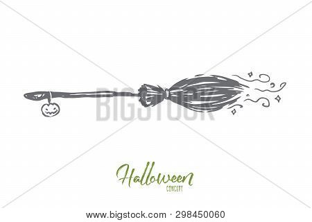 Broom, Halloween, Witch, Autumn, Holiday Concept. Hand Drawn Flying Broom Of Witch Concept Sketch. I