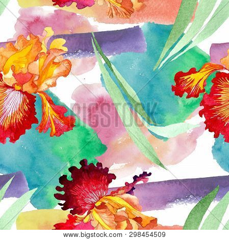 Red Bold Encounter Iris Floral Botanical Flowers. Watercolor Background Illustration Set. Seamless B