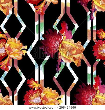 Red Bold Encounter Iris Floral Botanical Flowers. Watercolor Background Illustration Set. Seamless B
