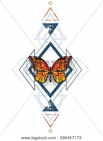 Symmetrical Pattern Of Blue Diamonds And Gray Triangles, Decorated With Orange, Exotic Monarch Butte
