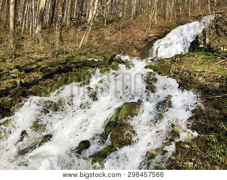 Water Supply Flowing Source Tschuder With Waterfall And Karst Spring Or Karstquelle Tschuder, Schwen