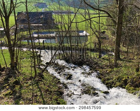 Water Supply Flowing Source Tschuder With Waterfall And Karst Spring Or Karstquelle Tschuder, Schwen