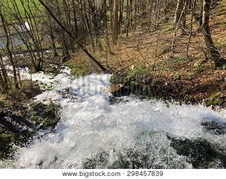 Water Supply Flowing Source Tschuder With Waterfall And Karst Spring Or Karstquelle Tschuder, Schwen