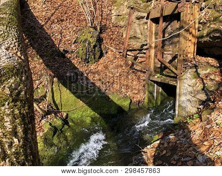 Water Supply Flowing Source Tschuder With Waterfall And Karst Spring Or Karstquelle Tschuder, Schwen