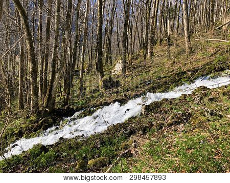 Water Supply Flowing Source Tschuder With Waterfall And Karst Spring Or Karstquelle Tschuder, Schwen