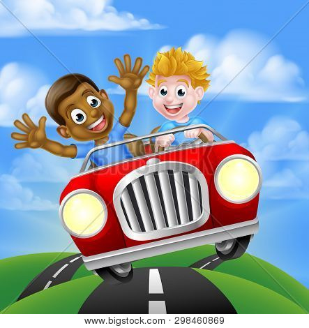 Cartoon Boys, One Black One White, Having Fun Driving Fast In A Car On A Road Trip