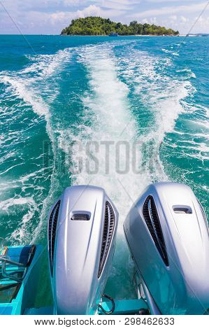 Speed Boat Engine View From The Back Of The Speedboat. Beautiful View From Samet Island Thailand.