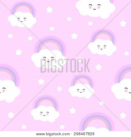 Cute Cloud Rainbow And Star Cute Seamless Pattern, Cartoon Vector, Nursery Background For Kid And Ba