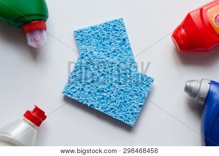 Blue Harmless Sponges From Cellulose With Detergents. Healthy  Washing Dishes.