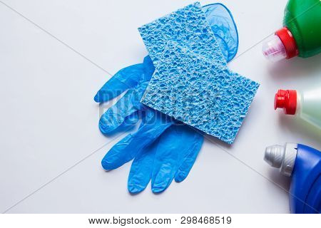 Blue Harmless Sponges For Washing Dishes From Cellulose With Rubber Gloves And Detergents