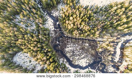 Aerial View On Wild Nature Rural Forest With Lake And Snow Melting In Spring