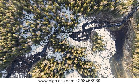 Aerial View On Wild Nature Rural Forest With Lake And Snow Melting In Spring