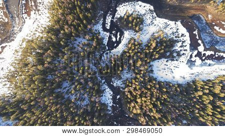 Aerial View On Wild Nature Rural Forest With Lake And Snow Melting In Spring