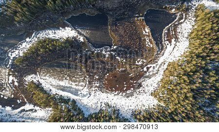 Aerial View On Wild Nature Rural Forest With Lake And Snow Melting In Spring