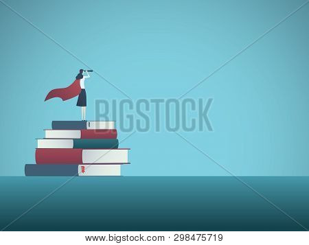 Power Of Education And Knowledge For Future Vector Concept. Girl, Woman Standing On Top Of Books And