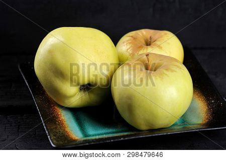 Yellow Apples Varieties Antonovka On A Plate-autumn Harvest