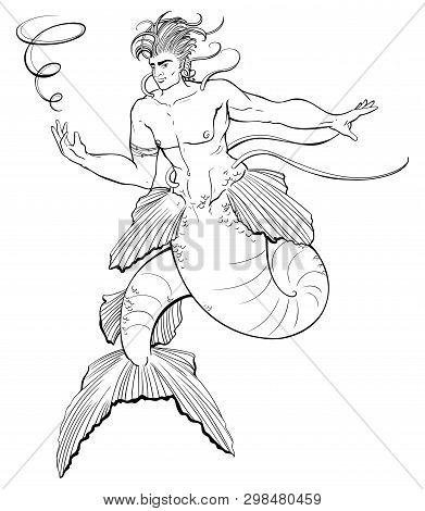 Merman. Handsome And Powerful Man Under Water. Design For Print, Poster, Banner. Isolated Objects On