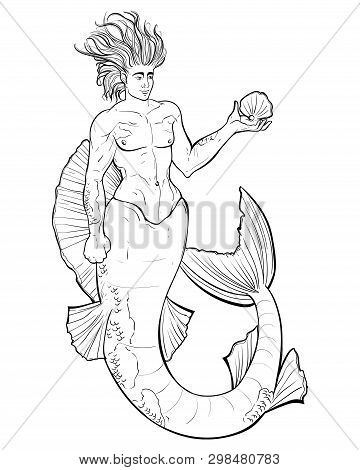 Merman. Handsome Man Holds Shell With Pearl Under Water. Design For Print, Poster, Banner. Isolated 