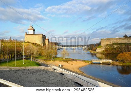 Narva, Estonia-november 3, 2018: View Of The Fortress Across The Narva River In Ivangorod And Narva